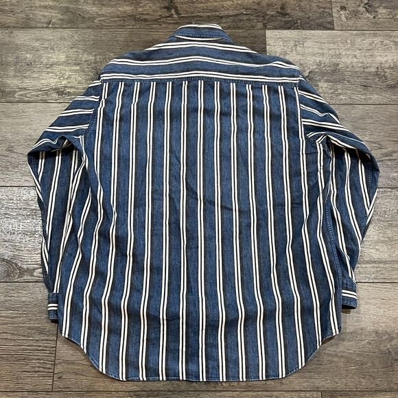 Vintage 90s Marithe Francois Girbaud Blue Striped Button Denim Shirt USA Medium - Picture 8 of 10